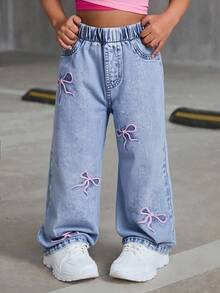 Young Girls Casual Light Blue Acid-Washed Denim Jeans With Pink Bow Embroidery,Loose Straight Fit,Soft Fabric,Fashionable Street Style For Fall Winter - Light Wash - View 3