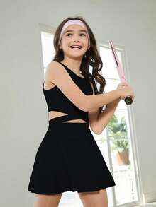 Tween Girls 2pcs Sports Vest & Tennis Skirt Set,Black,Autumn Winter,Casual,Gym,Solid Minimalist Comfortable Athletic Racerback & High Waist Slim, Fall - Black - View 6