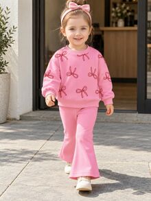 SHEIN Playful Pals 2件組女嬰0-3歲可愛秋季粉色圓領櫻桃印花運動衫搭配純色喇叭褲套裝，時尚戶外家庭穿搭 - 彩色 - 查看 1