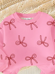 SHEIN Playful Pals 2件組女嬰0-3歲可愛秋季粉色圓領櫻桃印花運動衫搭配純色喇叭褲套裝，時尚戶外家庭穿搭 - 彩色 - 查看 7