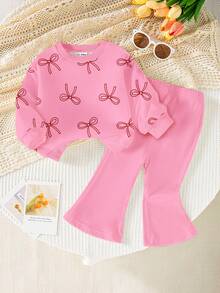 SHEIN Playful Pals 2件組女嬰0-3歲可愛秋季粉色圓領櫻桃印花運動衫搭配純色喇叭褲套裝，時尚戶外家庭穿搭 - 彩色 - 查看 2