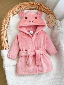 SHEIN 新生兒長袖連帽抓絨微笑圖案刺繡秋冬睡衣居家服 親子套裝 柔粉色 女嬰可愛風 - 粉色 - 查看 6