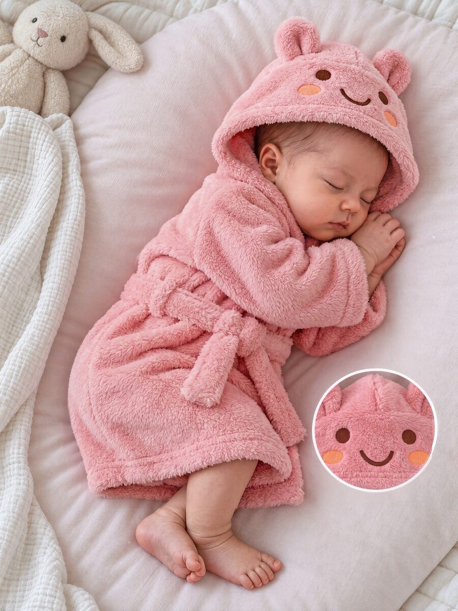 SHEIN 新生兒長袖連帽抓絨微笑圖案刺繡秋冬睡衣居家服 親子套裝 柔粉色 女嬰可愛風