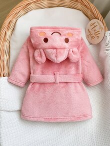 SHEIN 新生兒長袖連帽抓絨微笑圖案刺繡秋冬睡衣居家服 親子套裝 柔粉色 女嬰可愛風 - 粉色 - 查看 3