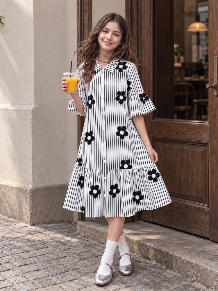Tween Girls Fall Dresses School Vacation Style Shirt Mini Dress, Black And White Striped Checkered, Autumn, Cute, Back-To-School, Daily - Black and White - View 1