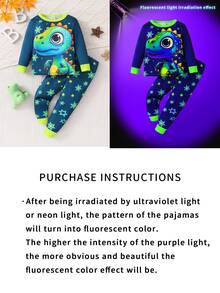 SHEIN Baby Boy 3D Dinosaur Glow In The Dark UV Light Long Sleeve Snug Fit Pajama Set Crew Neck Knit Cartoon Pants 2pcs Fall Autumn/Winter Soft Cozy Cute - Multicolor - View 8
