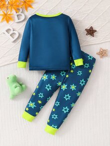 SHEIN Baby Boy 3D Dinosaur Glow In The Dark UV Light Long Sleeve Snug Fit Pajama Set Crew Neck Knit Cartoon Pants 2pcs Fall Autumn/Winter Soft Cozy Cute - Multicolor - View 6