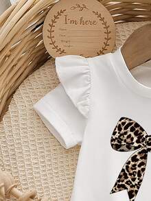 SHEIN 0-9M 新生女嬰夏季黑白豹紋棕色親子套裝圓領短袖T恤褲子套裝可愛童裝 - 棕色 - 查看 8