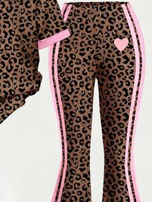 SHEIN Tween Girls Dark Brown Leopard Pink Striped Heart Pattern Print Short Sleeve Long Pants Set Casual Athletic Cute School Student T-Shirt Flared Pants - Multicolor - View 6