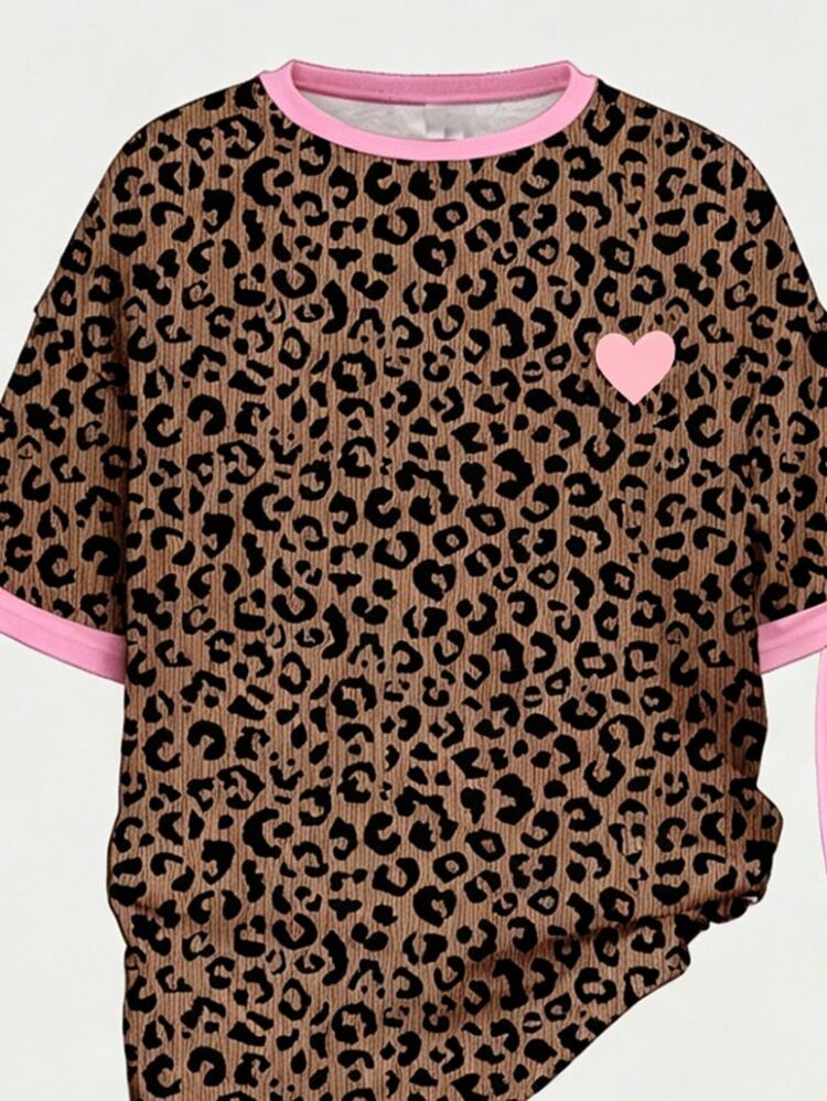 SHEIN Tween Girls Dark Brown Leopard Pink Striped Heart Pattern Print Short Sleeve Long Pants Set Casual Athletic Cute School Student T-Shirt Flared Pants - Multicolor - View 4