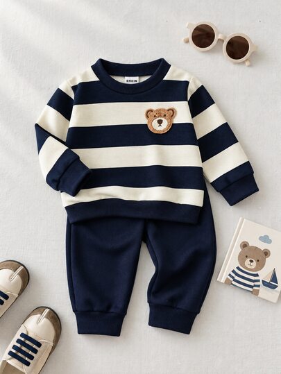 SHEIN Playful Pals 2pcs/Set Infant Baby Boy Navy And White Colorblock Navy Blue Long Sleeve Top With Cute Bear Graphic Solid Pants Autumn Casual Safari Holiday