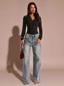 SHEIN BAE Kemeja Dalaman Lengan Panjang Tanpa Punggung Berkerah V Dalam dengan Motif Renda Hitam untuk Musim Gugur, Cocok untuk Pesta Halloween, Kencan Malam, dan Jalan-jalan. - Hitam - View 3