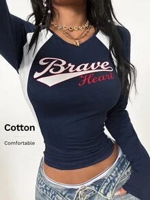 Coolane Women's Fall/Winter Streetwear Going Out Casual Game Day Navy Blue And White Color-Blocked Slim Fit T-Shirt,Sportswear Outfits - Multicolor - View 6
