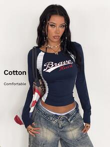 Coolane Women's Fall/Winter Streetwear Going Out Casual Game Day Navy Blue And White Color-Blocked Slim Fit T-Shirt,Sportswear Outfits - Multicolor - View 7