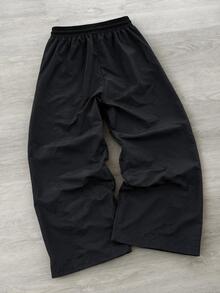 Manfinity Denimwave Men's Contrast Panel Wide Leg Track Pants Four Seasons Wear Elastic Waist Drawstring Wind Trousers Work Gym Black And White Autumn Jogging Baggy Pants - Black - View 2