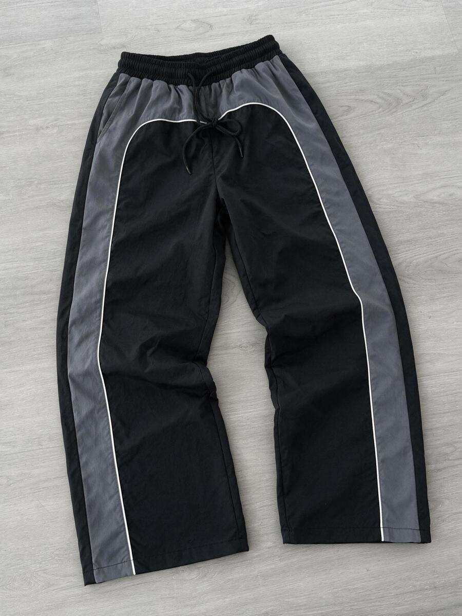 Manfinity Denimwave Men's Contrast Panel Wide Leg Track Pants Four Seasons Wear Elastic Waist Drawstring Wind Trousers Work Gym Black And White Autumn Jogging Baggy Pants - Black - View 1