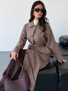 Firerie 時尚通勤前開扣設計 千鳥格無彈力面料 女款中長版大衣 - 彩色 - 查看 7