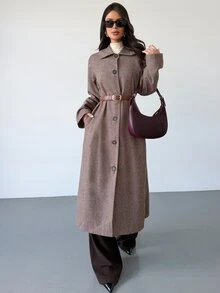 Firerie 時尚通勤前開扣設計 千鳥格無彈力面料 女款中長版大衣 - 彩色 - 查看 8