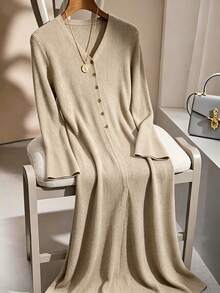 Velvienne Plus Size Women Long Sleeve Single-Breasted Long Knit Cardigan - Khaki - View 3