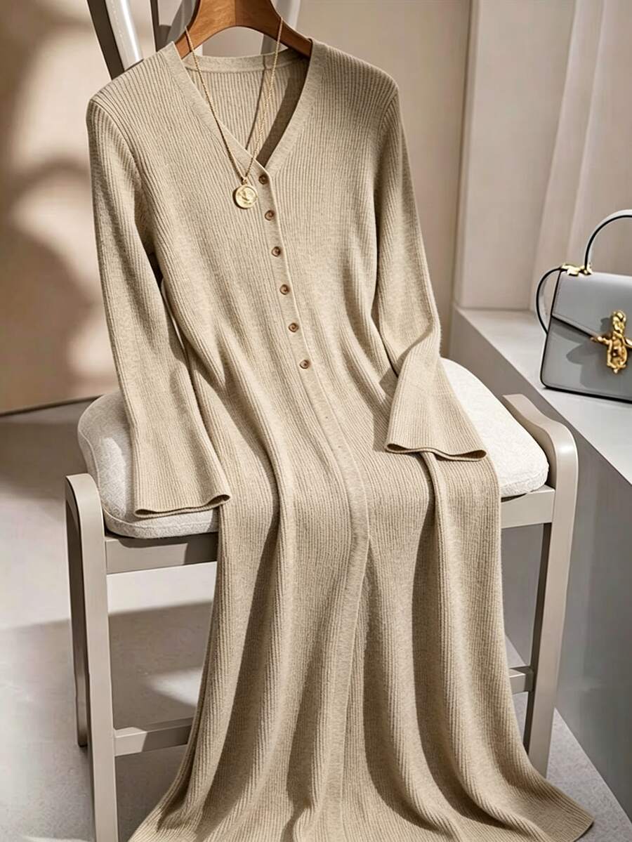 Velvienne Plus Size Women Long Sleeve Single-Breasted Long Knit Cardigan - Khaki - View 1