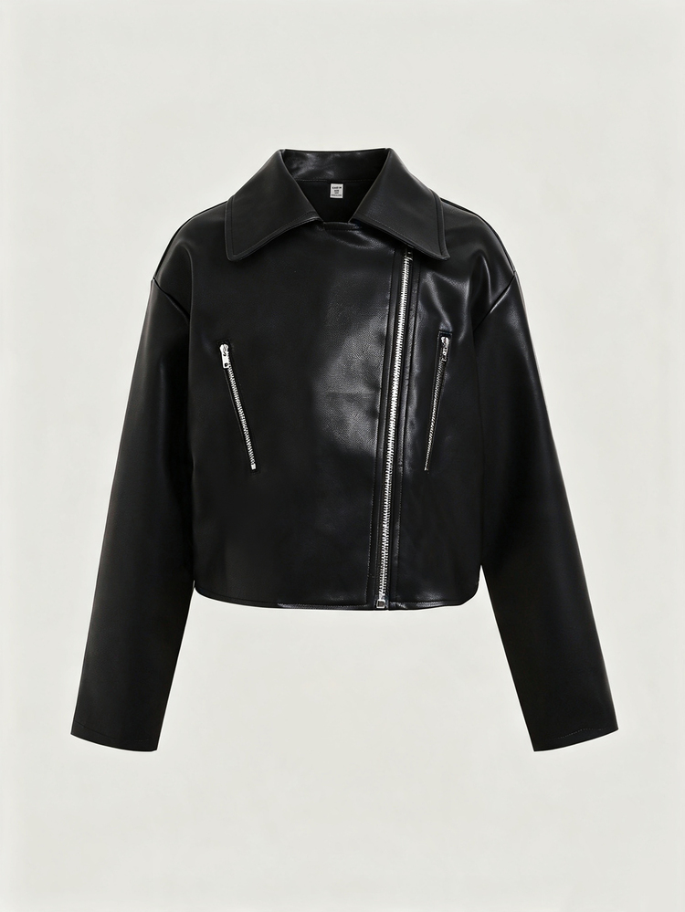 SHEIN Tween Girl Streetwear PU Kids Metal Zipper Front Cropped Black Leather Faux Jacket Fall/Winter - Black - View 3