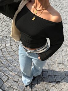 Muchica Plus Size Women's Off-Shoulder Long Sleeve Solid Color Casual Fashion T-Shirt - Black - View 4