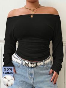 Muchica Plus Size Women's Off-Shoulder Long Sleeve Solid Color Casual Fashion T-Shirt - Black - View 3