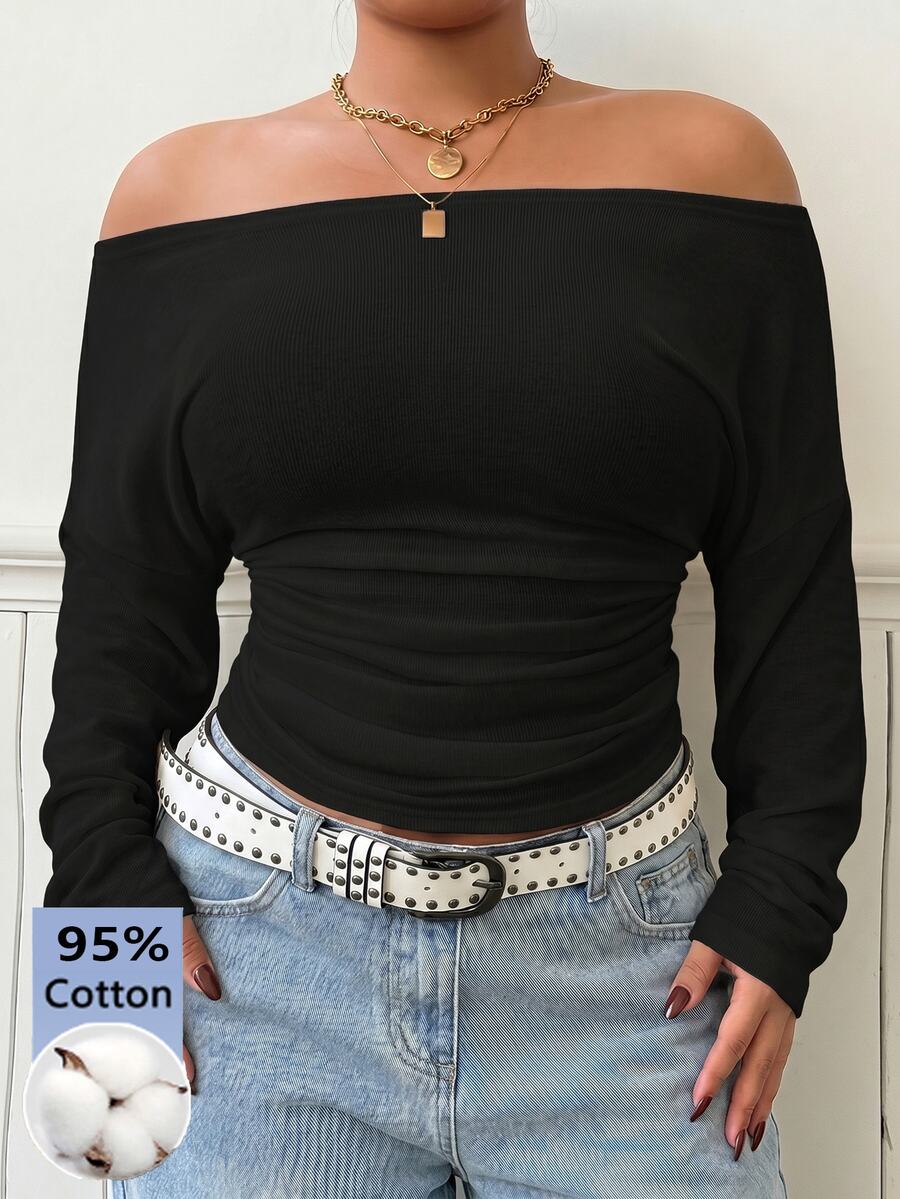 Muchica Plus Size Women's Off-Shoulder Long Sleeve Solid Color Casual Fashion T-Shirt - Black - View 1