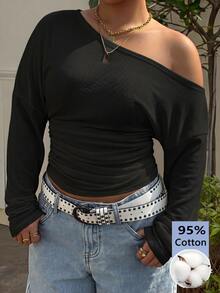 Muchica Plus Size Women's Off-Shoulder Long Sleeve Solid Color Casual Fashion T-Shirt - Black - View 1