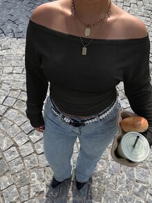 Muchica Plus Size Women's Off-Shoulder Long Sleeve Solid Color Casual Fashion T-Shirt - Black - View 5