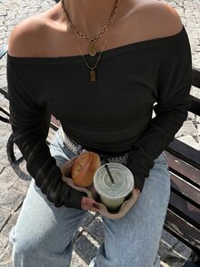 Muchica Plus Size Women's Off-Shoulder Long Sleeve Solid Color Casual Fashion T-Shirt - Black - View 6