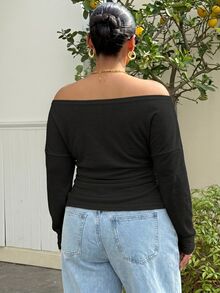 Muchica Plus Size Women's Off-Shoulder Long Sleeve Solid Color Casual Fashion T-Shirt - Black - View 2