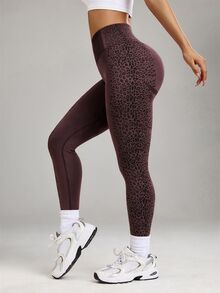 Easithlete Easithlete Coffee Brown Leopard Print Seamless Yoga, Running, Sports Leggings - Coffee Brown - View 3