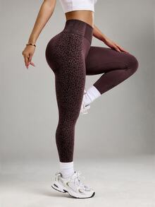 Easithlete Easithlete Coffee Brown Leopard Print Seamless Yoga, Running, Sports Leggings - Coffee Brown - View 7