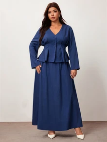 Enliva 大尺碼女款修身上衣與裙子兩件套，女式通勤套裝工作服，秋冬款女式套裝 - 藏蓝色 - 查看 5