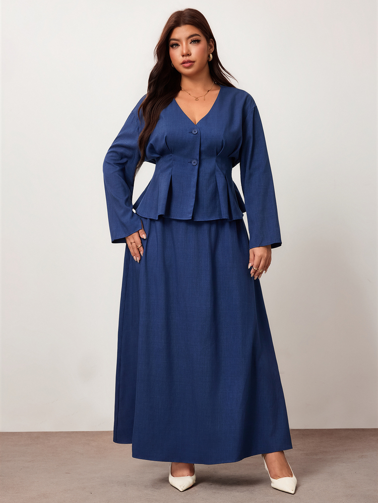 Enliva Plus-Size Women's Fitted Top And Skirt Two Pieces Set, Women's Commuting Outfit Work Wear Women Piece Set Woman Winter Fall - Navy Blue - View 5