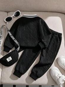 SHEIN Kids Baby Boy Casual Textured Fabric Letter Graphic Collar Long Sleeve Sweatshirt, Comfortable Fashion Minimalist Practical Versatile Soft,Fall School - Black - View 2