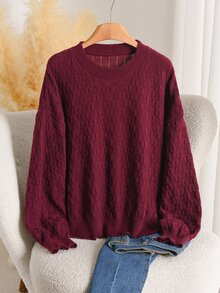 CosyJoli Plus Sweater Musim Dingin dengan Bahu Jatuh Polos - Burgundy - View 5
