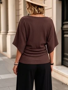 Breezaya Spring/Autumn Casual Commute Ribbed Brushed V-Neck Dolman Sleeve Ruched Waist Women's T-Shirt Fashion Brown Brushed Women's T-Shirt - Brown - View 2