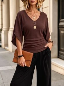 Breezaya Spring/Autumn Casual Commute Ribbed Brushed V-Neck Dolman Sleeve Ruched Waist Women's T-Shirt Fashion Brown Brushed Women's T-Shirt - Brown - View 4