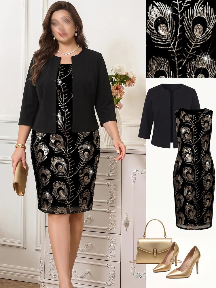 Reflora Plus Size Solid Color Jacket Sequin Embroidered Dress 2 Pieces Set Autumn Wedding Cocktail Party Dinner Black Black And Gold Elegant - Multicolor - View 7