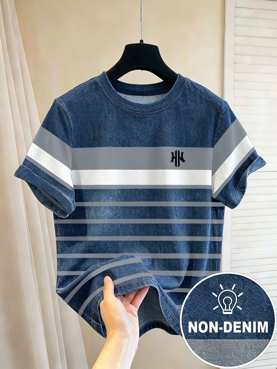 Manfinity Hypemode 男士美式復古水洗做舊條紋拼接圓領短袖 HK 刺繡 T-shirt - 彩色 - 查看 1