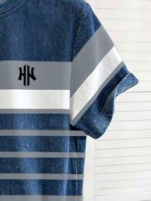 Manfinity Hypemode 男士美式復古水洗做舊條紋拼接圓領短袖 HK 刺繡 T-shirt - 彩色 - 查看 4
