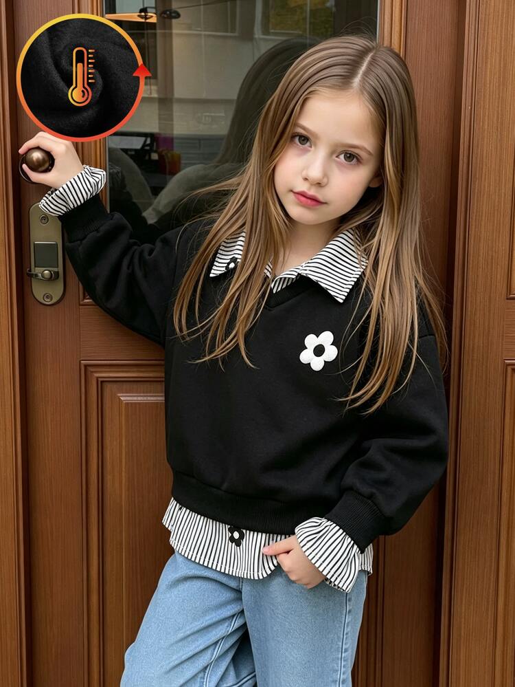 SHEIN Sweatshirt Patchwork Bunga untuk Anak Perempuan, Atasan Lengan Panjang, Kaos Grafis, Dekorasi Pola Cetak Bunga Dua Potong Pakaian Imitasi Bermotif Musim Gugur Musim Dingin - Hitam - View 7