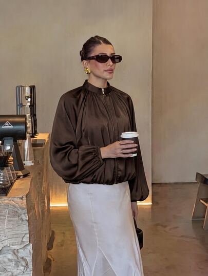 Silquee Deep Brown Glossy Satin Stand Collar Zipper Crop Top, Ruched Neckline Lantern Sleeve Design, Elastic Hem, Lightweight Luxury Commute Daily Slimming Elegant Long Sleeve Blouse