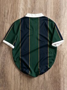 Manfinity Joysei Men's Striped Letter Print Button Half-Placket Polo Shirt - Green - View 2