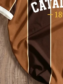Manfinity Joysei Men's Striped Letter Print Button Half-Placket Polo Shirt - Brown - View 4