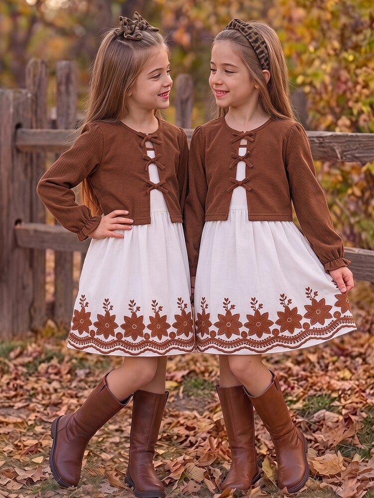 SHEIN Girls' Chocolate Brown White Floral Campus Style Short Cardigan Top Print Hem Cami Dress Bow Decor Cute Flowy Skirt Spring Autumn School - Multicolor - View 6