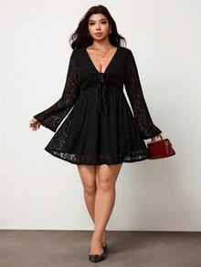 Enliva Plus-Size V-Neck A-Line Ruffle Sleeve Long-Sleeved Black Lace DressApple, Rounded Body Fall Women Outfit Date Night - Black - View 7