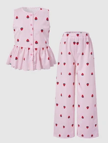 SHEIN Tween Girl) Tank Top Bow Button Long Pants Beach Holiday Family Matching Vacation 2 Pieces Set Pink And Red Summer Cute Tropical - Pink - View 4